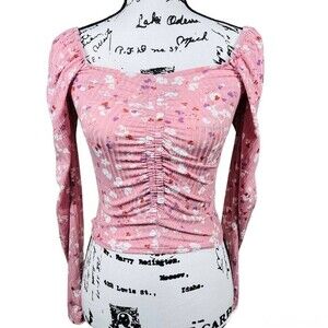 Antistar Pink top White floral  print long sleeve front ruched crop top size S